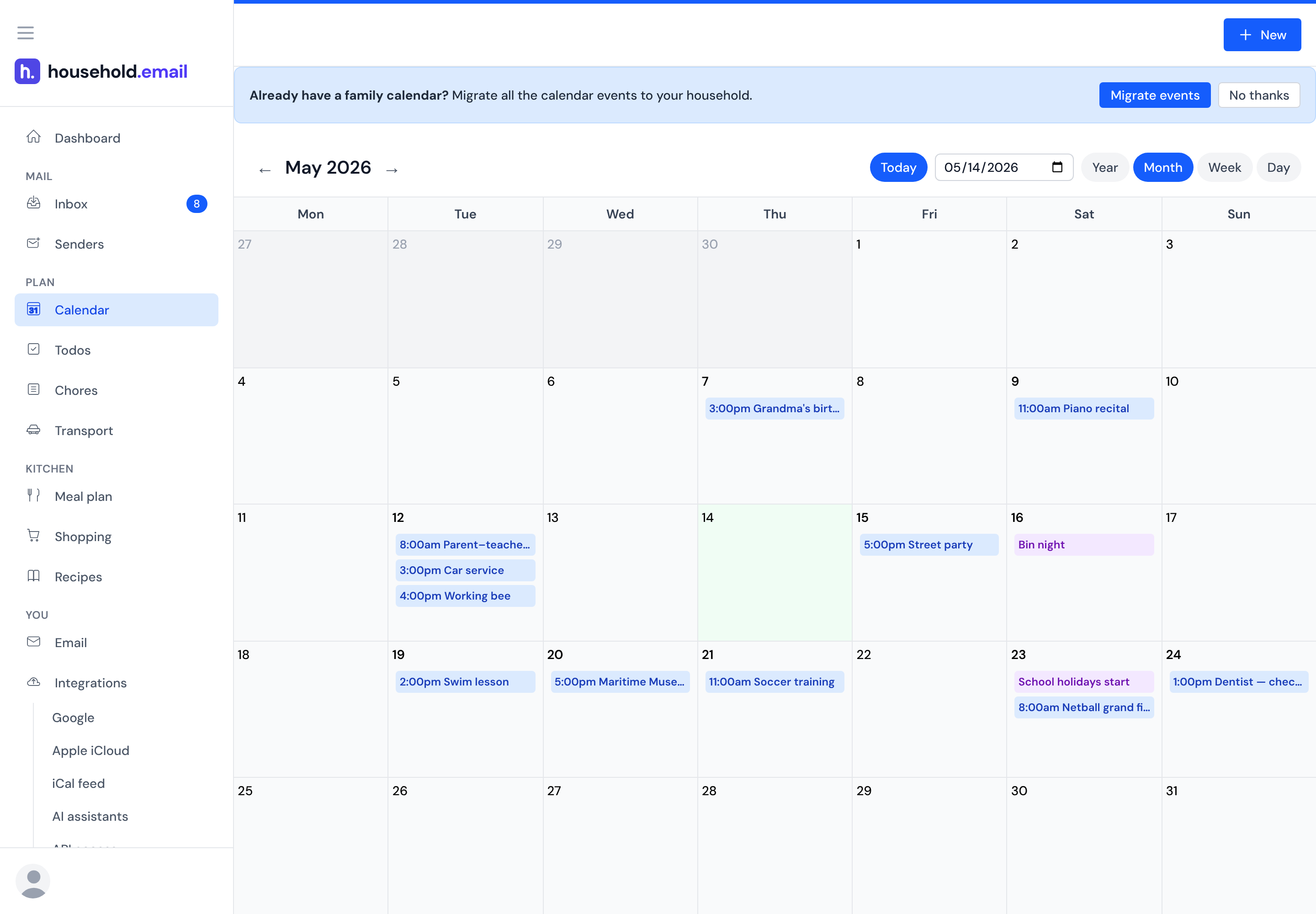The household calendar in month view, with a dentist appointment, a swim lesson, a school excursion and a working bee spread across the month.