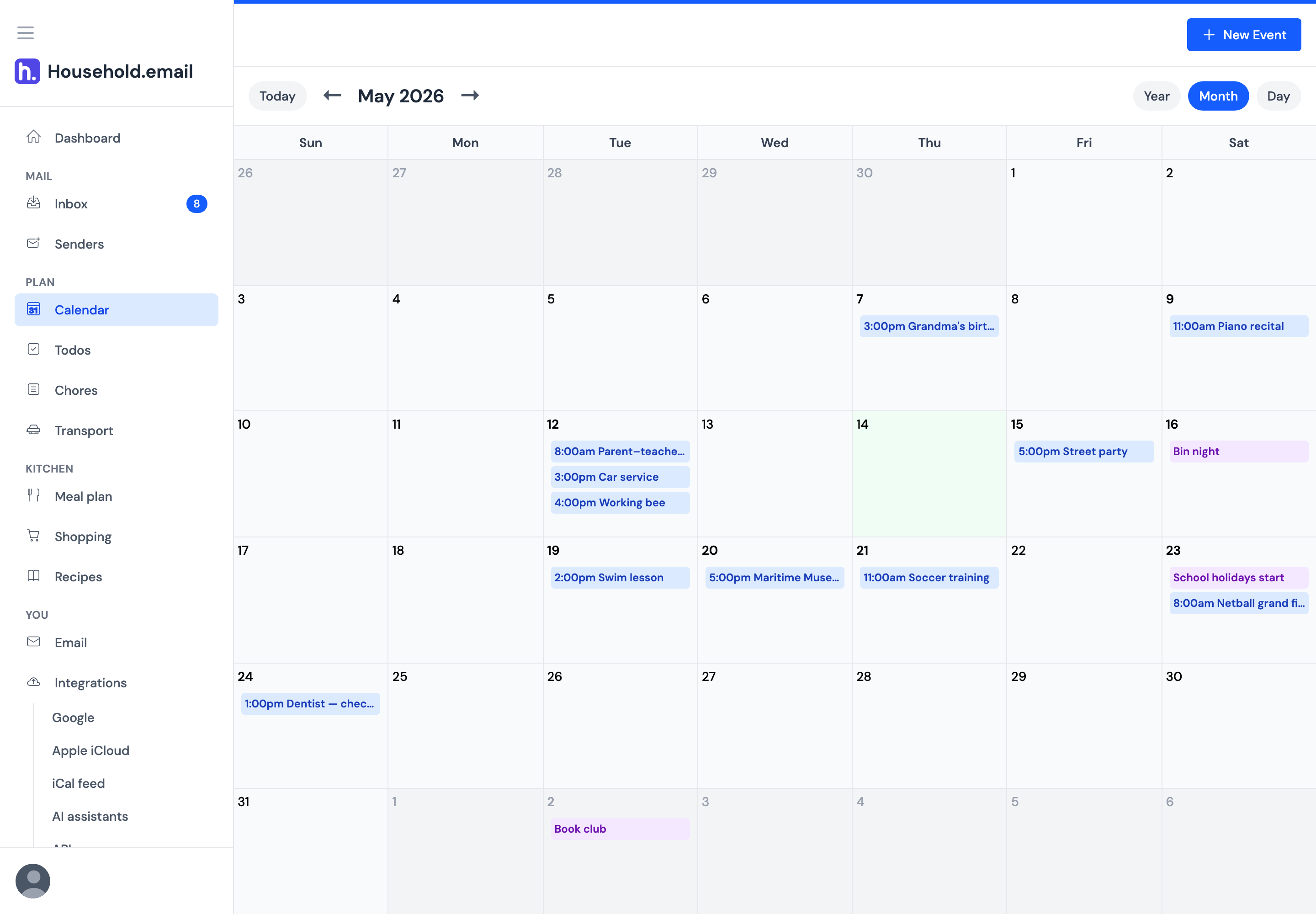 The household calendar in month view, with a dentist appointment, a swim lesson, a school excursion and a working bee spread across the month.