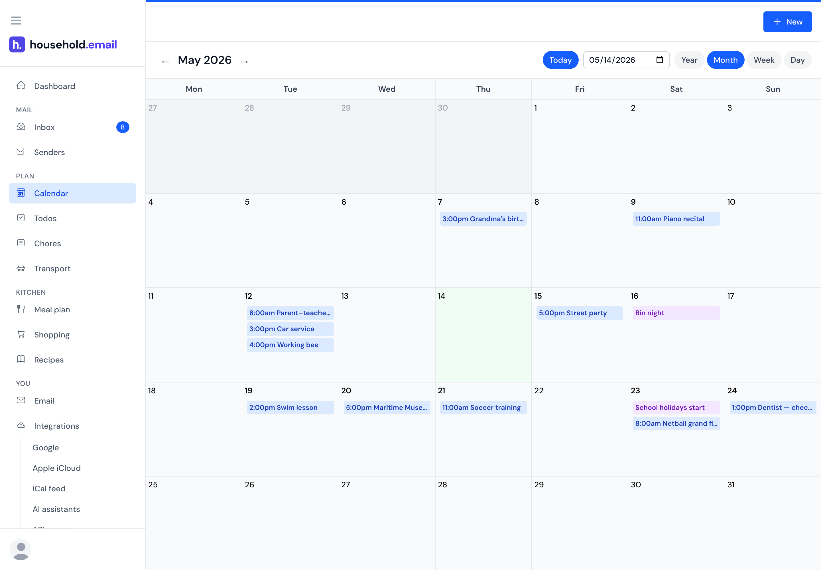 The household calendar in month view, with a dentist appointment, a swim lesson, a school excursion and a working bee spread across the month.
