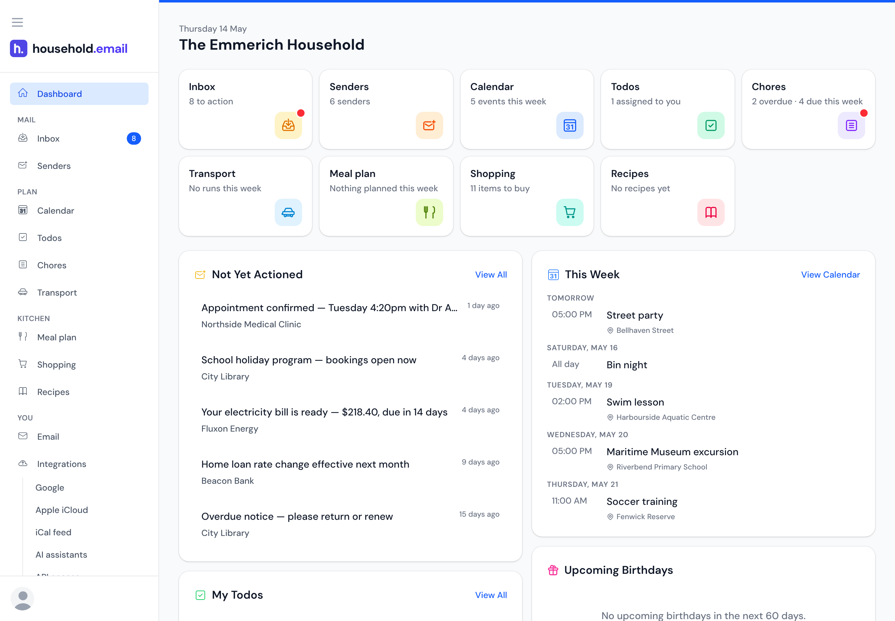 The household dashboard: two rows of tiles — inbox, senders, calendar, todos, chores, transport, the meal plan, shopping and recipes — each with a line on what is waiting there, above panels of not-yet-actioned email and this week's events.
