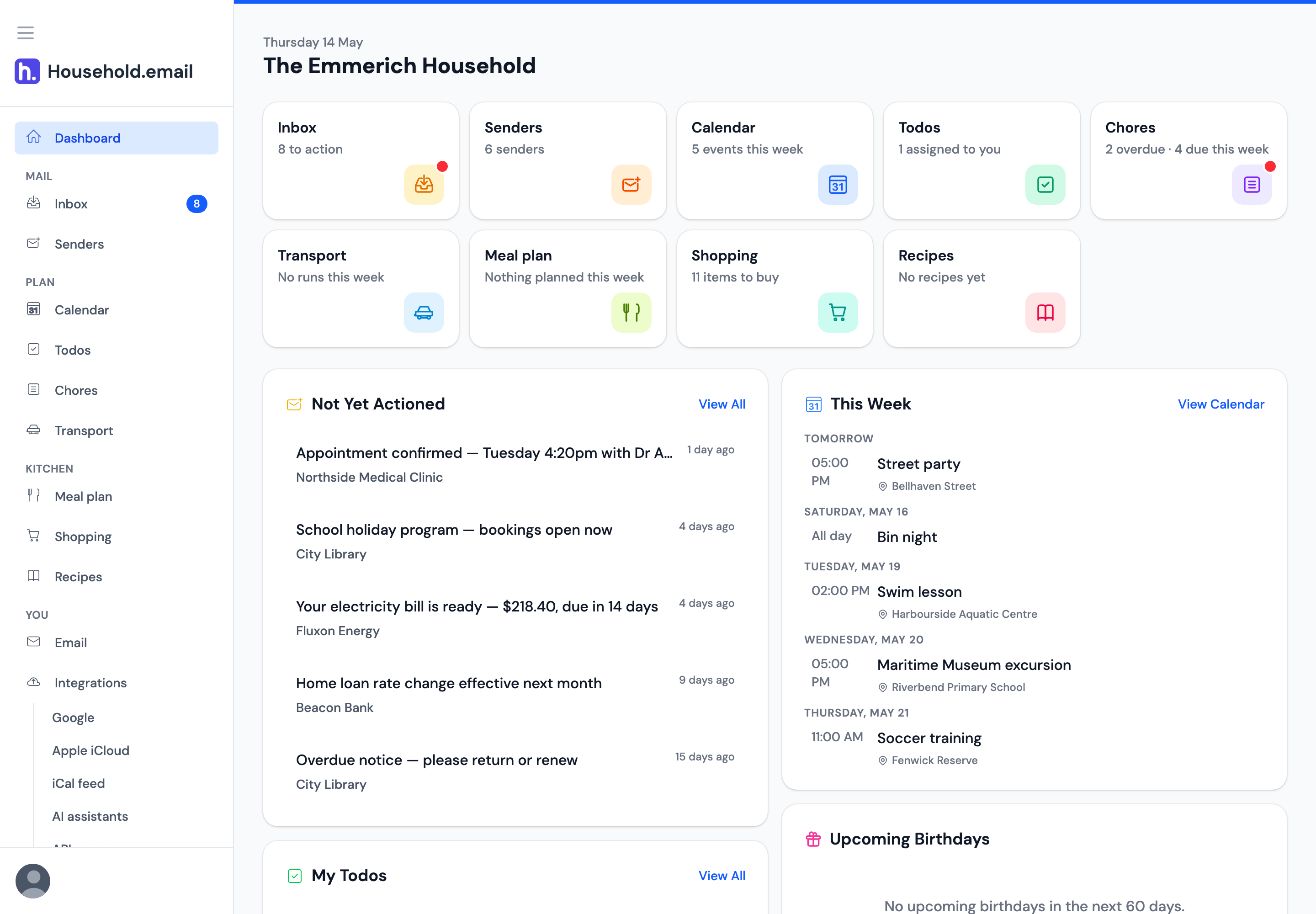 The household dashboard: two rows of tiles — inbox, senders, calendar, todos, chores, transport, the meal plan, shopping and recipes — each with a line on what is waiting there, above panels of not-yet-actioned email and this week's events.