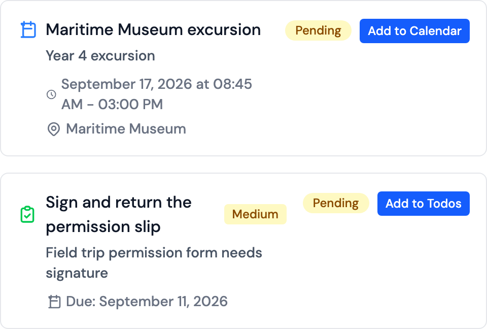 The household.email review screen: a calendar event and a todo suggested from the excursion email, both marked Pending with an Add to Calendar or Add to Todos button — nothing is created until someone approves it.